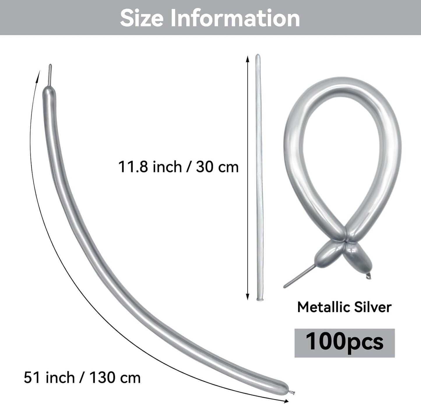 Metallic Silver Long Balloons Premium 260 Twisting Magic Balloons for Birthday Kids Wedding Party Supply 100pcs