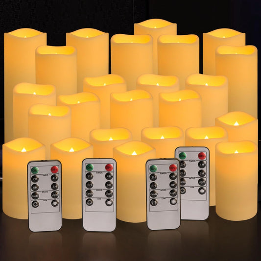 Set of 24 Waterproof Outdoor Flameless Candles, LED Candles with 4 Remote and Timer,(H 4" 5" 6" x D 2.2"),for Christmas,Halloween,Wedding,Festival
