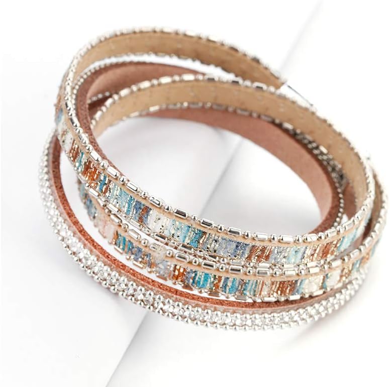 Fesciory Leather Wrap Bracelets for Women, Boho Leopard Multi-Layer Crystal Beads Cuff Bracelet Jewelry