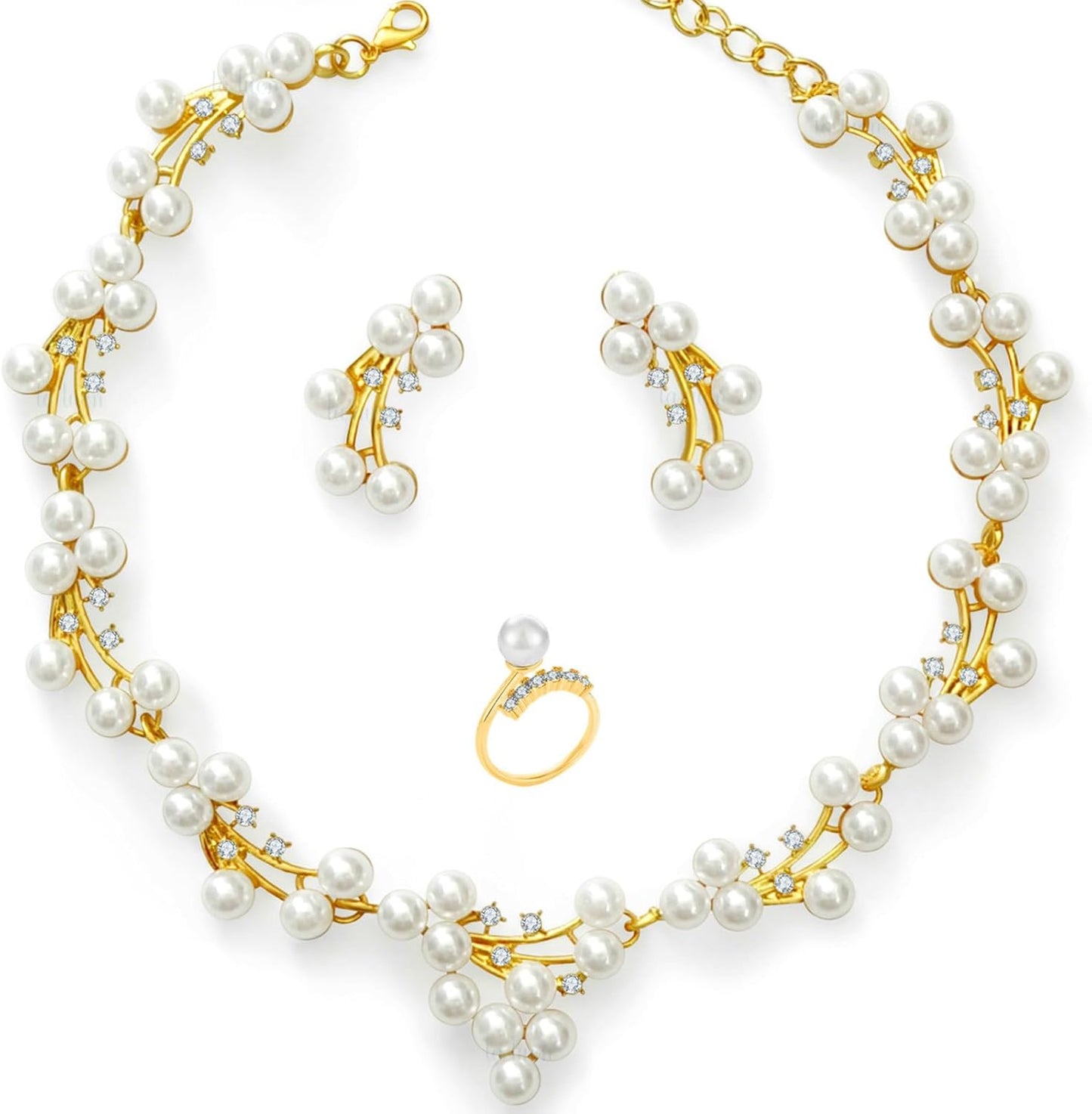 la luen Pearl Bride Wedding Jewelry Set Faux Pearls Crystal Rhinestone Necklace Earrings Bracelet Sets for Women Bridesmaid(3 PCS)