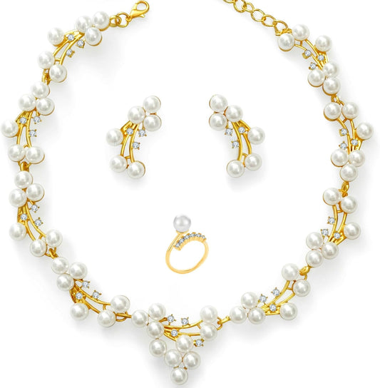 la luen Pearl Bride Wedding Jewelry Set Faux Pearls Crystal Rhinestone Necklace Earrings Bracelet Sets for Women Bridesmaid(3 PCS)