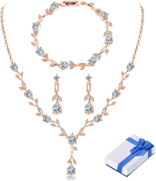 Wedding Silver Jewelry Set for Women Cubic Zirconia Necklace Earrings Bracelet Sets for Bride Wedding Costume Jewelry for Bridesmaid