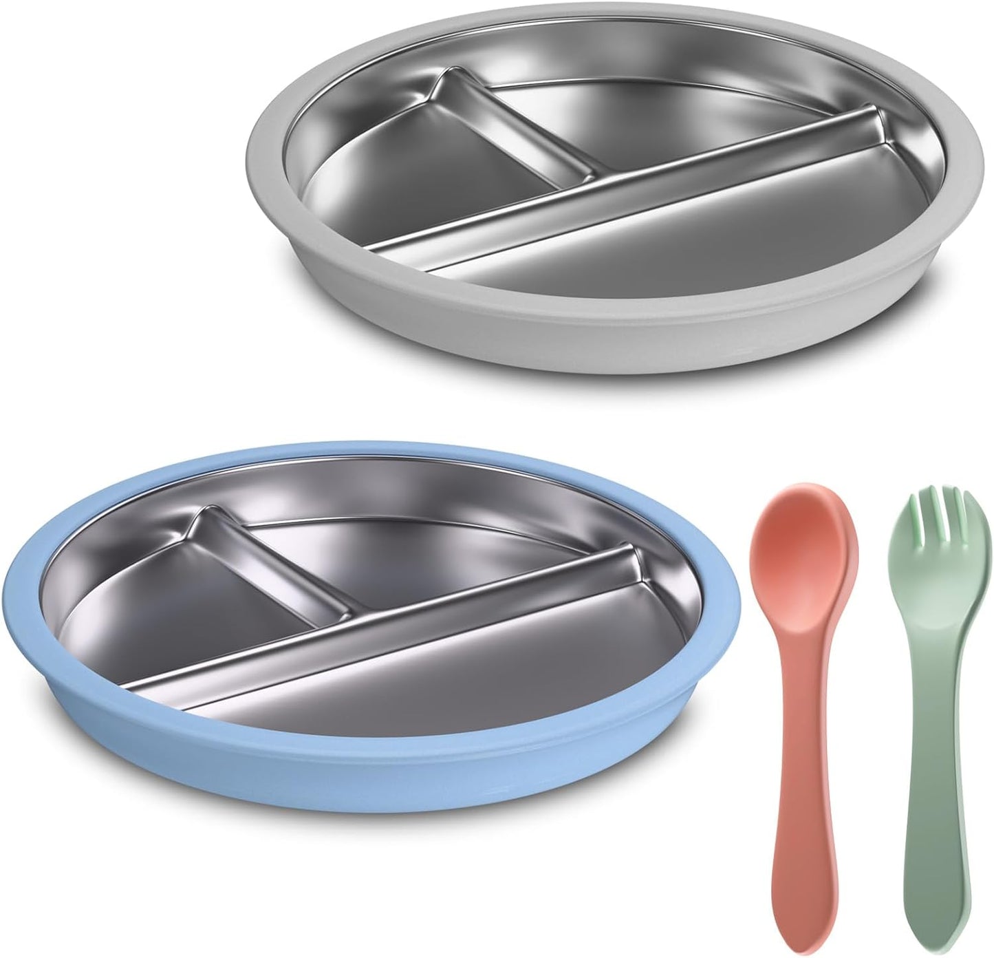 Stainless Steel Toddler Plate with Suction, 9” Divided Plates with Removable Silicone Sleeves for Kids, Non Toxic & BPA Free | Non Slip | Unbreakable Baby Snack Dishes Set of 2, Blue & Gray