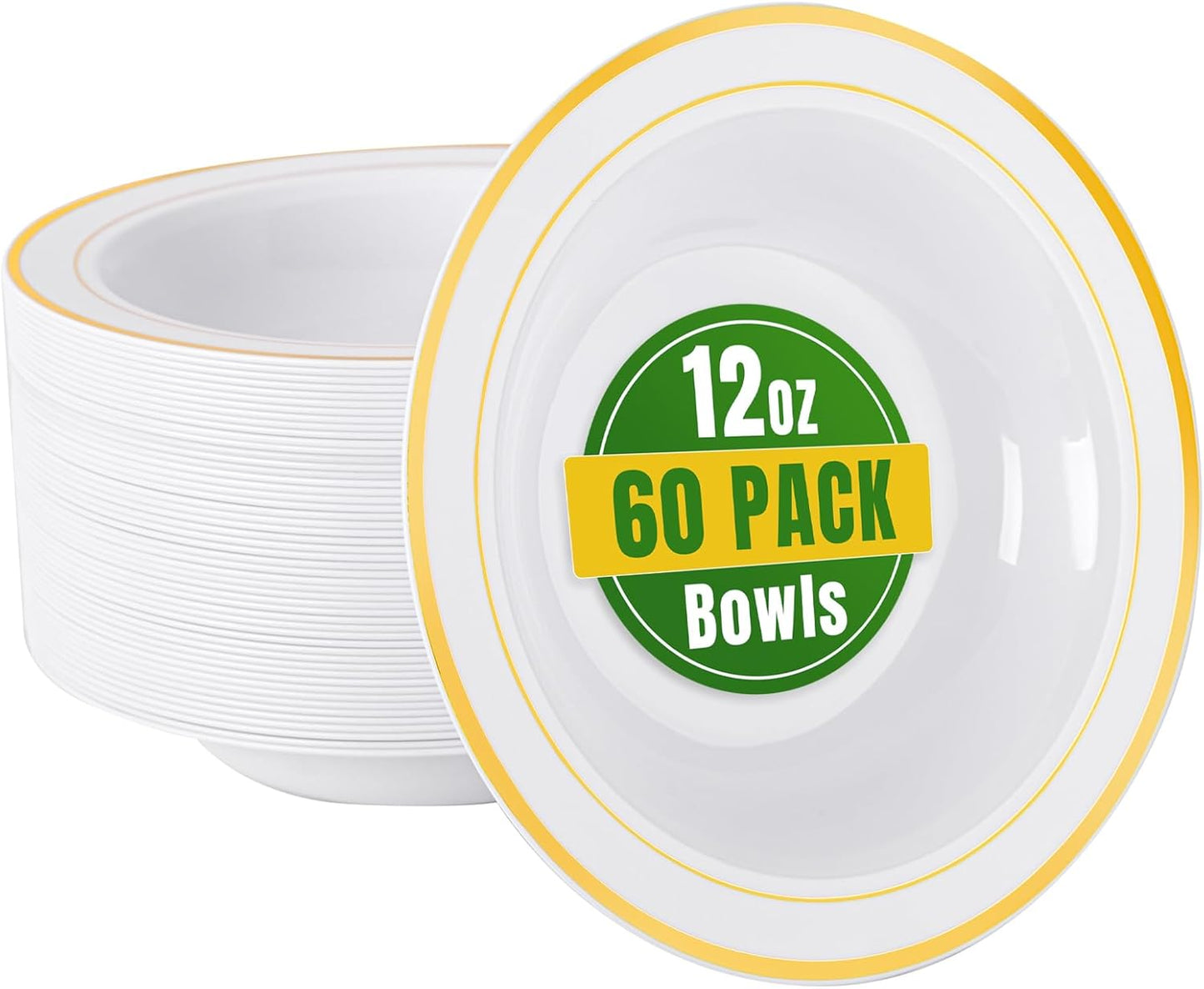 bUCLA 60 Pack Plastic Bowls with Gold Rim - 12 oz Plastic Soup Bowls Disposable for Wedding, Party, Gathering & Thanksgiving