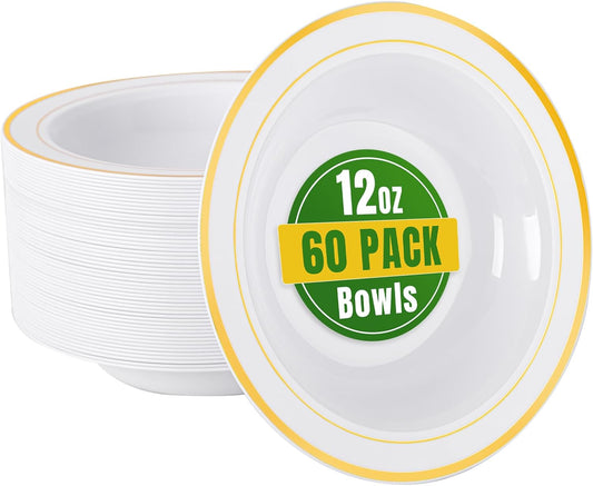 bUCLA 60 Pack Plastic Bowls with Gold Rim - 12 oz Plastic Soup Bowls Disposable for Wedding, Party, Gathering & Thanksgiving