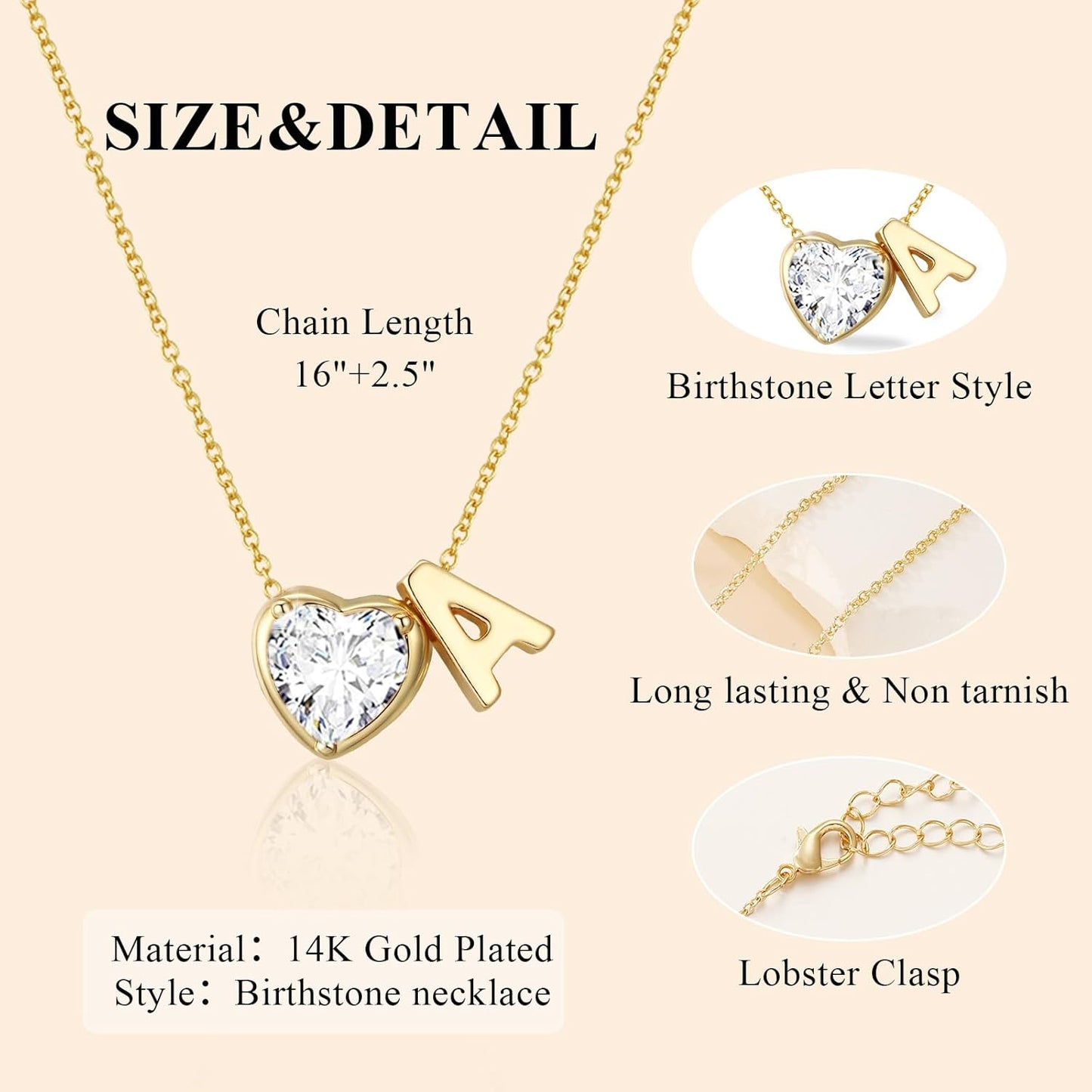 Heart Birthstone Initial Necklace for Women Girls,14K Gold Plated Heart Letter A-Z Necklace Dainty Birthday Trendy Jewelry Gifts for Women Girls Daughter