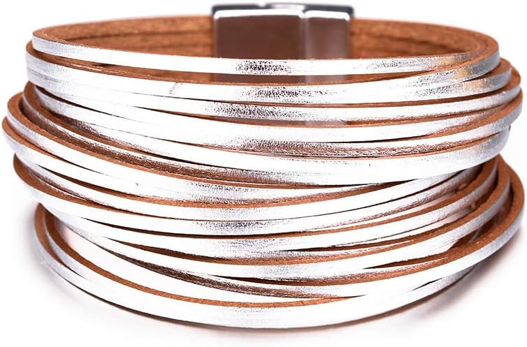 Fesciory Leather Wrap Bracelets for Women, Boho Leopard Multi-Layer Crystal Beads Cuff Bracelet Jewelry