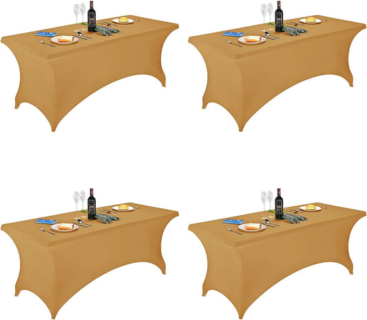 FORLIFE 4Pack Spandex Table Covers，Fitted Tablecloth for Rectangular Tables, Stretch Patio Table Covers, Universal Spandex Table Cover for Wedding, Banquet, Party (6ft, Gold)