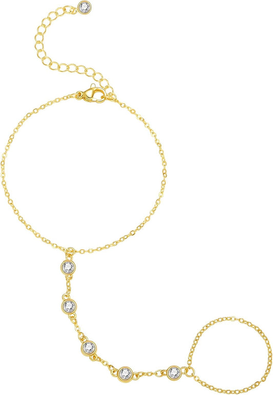 Listine Hand Chain Bracelet 14K Gold Plated Ring Bracelet Hand Chain Trendy Stuff for Women Dainty Hand Bracelets with Finger Ring Hand Jewelry for Women