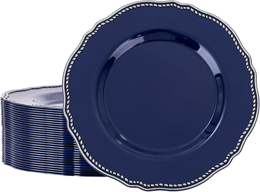 Hioasis 60pcs Blue Plastic Plates - Blue and Silver Disposable Dinnerware with Gold Rim, Heavy-duty, 10.25 inch, Dinner Plates for Party & Wedding