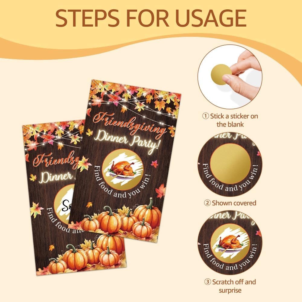 50 Pack Friendsgiving Dinner Party Scratch Off Game, Turkey Scratch Cards for Dinner Game, Thanksgiving Raffle Tickets for Birthday Games, Baby Shower, Fall Thank You Party Games
