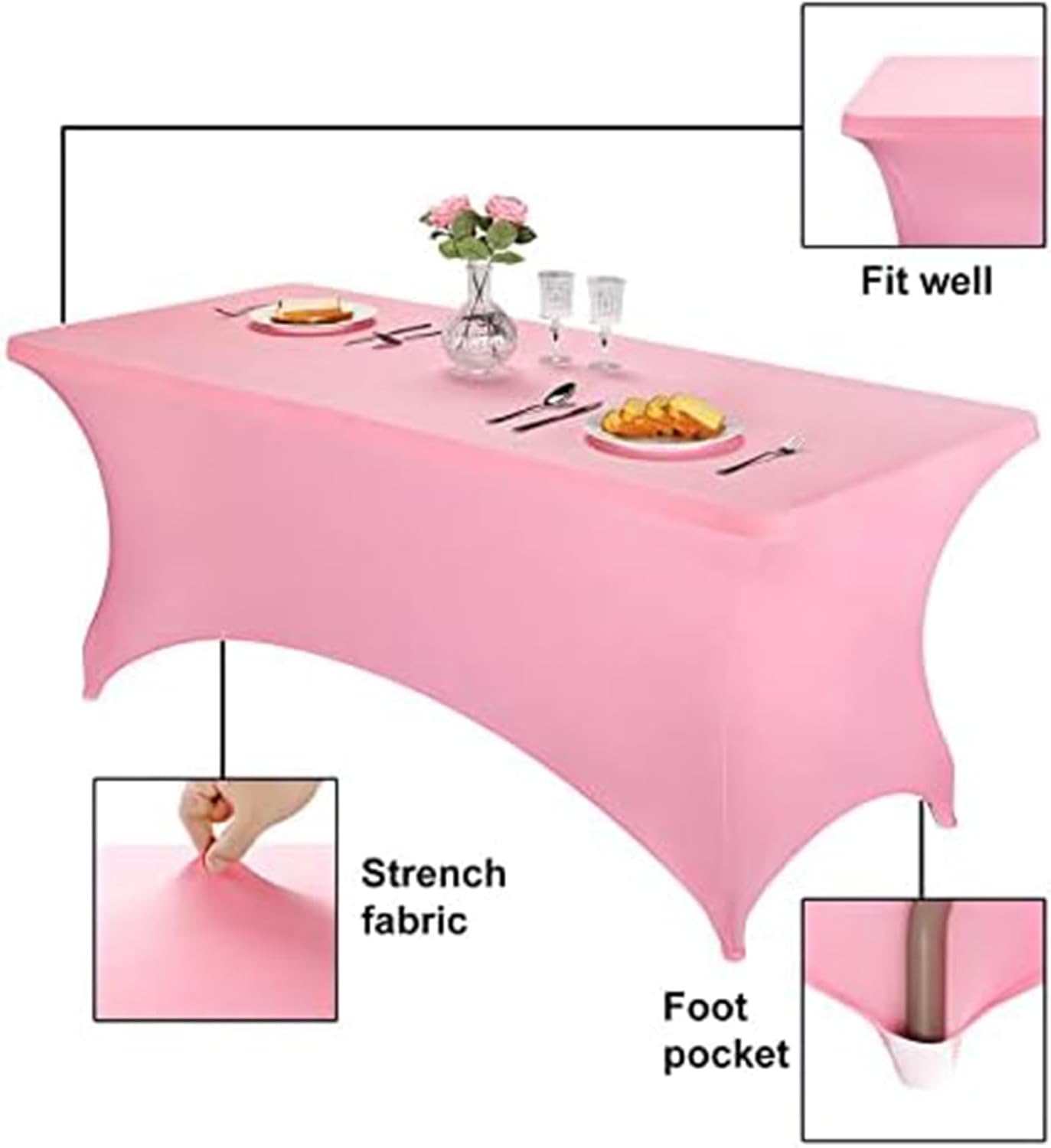 FORLIFE 6Pack Spandex Table Covers 6ft，Fitted Tablecloth for 6ft Rectangular Tables, Stretch Patio Table Covers, Universal Spandex Table Cover for Wedding, Banquet, Party - Pink