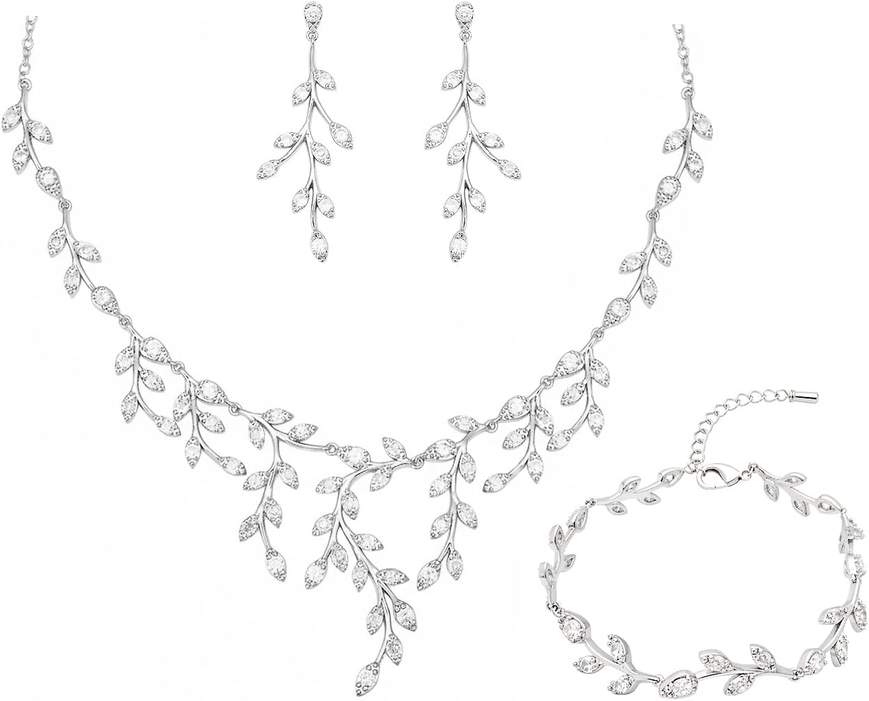 CSY Luxury Bridal Necklace Earrings Bracelet Set Cubic Zirconia Wedding Jewelry for Bride Bridesmaids CZ Plants Vine Platinum Jewelry Set Women