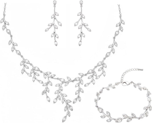 CSY Luxury Bridal Necklace Earrings Bracelet Set Cubic Zirconia Wedding Jewelry for Bride Bridesmaids CZ Plants Vine Platinum Jewelry Set Women