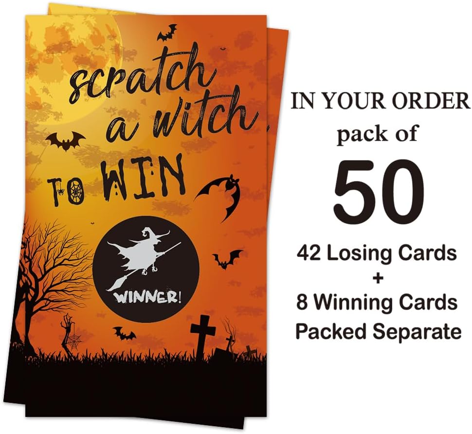 Haizct 50 Pack Halloween Theme Scratch off Game, Spider Witch Bat Halloween Scratch Card for Baby Shower Halloween Party Game Lottery Games Group Games Family Activity, Bridal Shower Activity and Idea