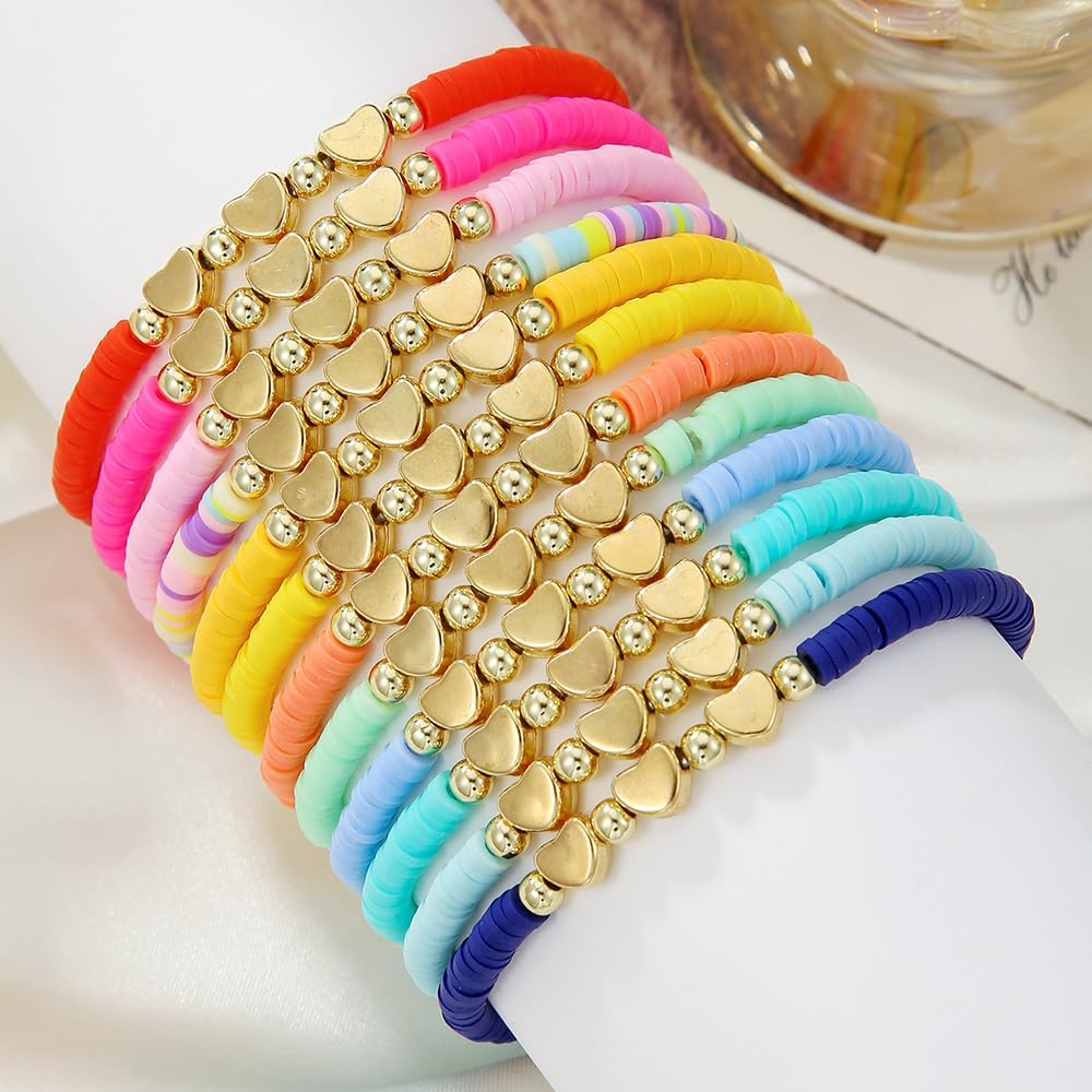 Heishi Surfer Clay Bead Bracelets Set for Women - Preppy Smile Evil Eye Beaded Stretch Bracelets Elastic Layering Friendship Bracelets- Stackable Boho Disc Summer Jewelry Set