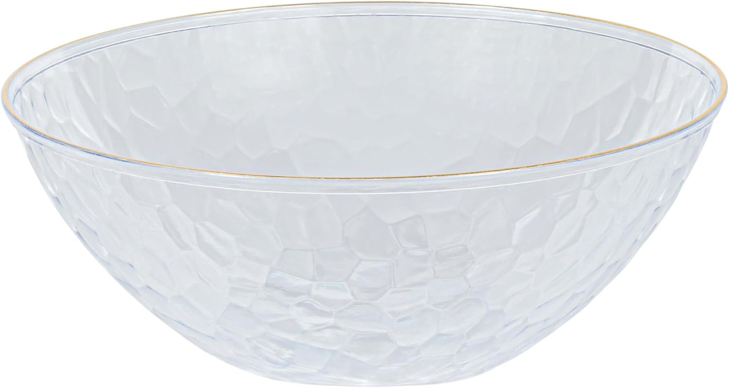 PLASTICPRO 30 Pack 12 Ounce Hammered Plastic Bowls, Heavyweight Disposable Bowl Set, Elegant Clear with Gold Rim, BPA Free, for Parties, Dinners, Events