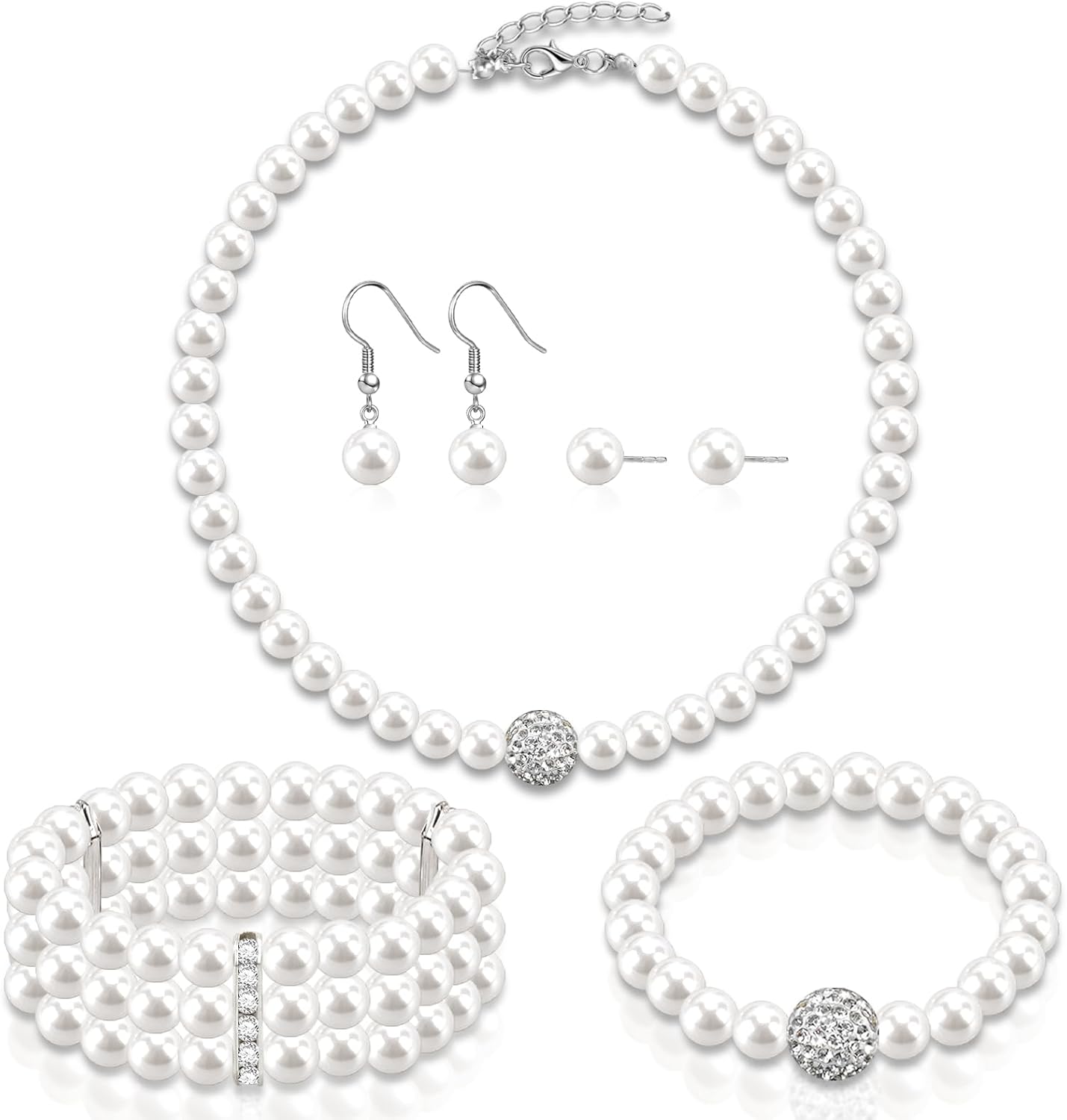 Pearl Jewelry Set for Women Faux Pearl Costume Jewelry Set with Necklace, Bracelets, Ring, Earrings for Wedding Bridal Birthday Tea Party