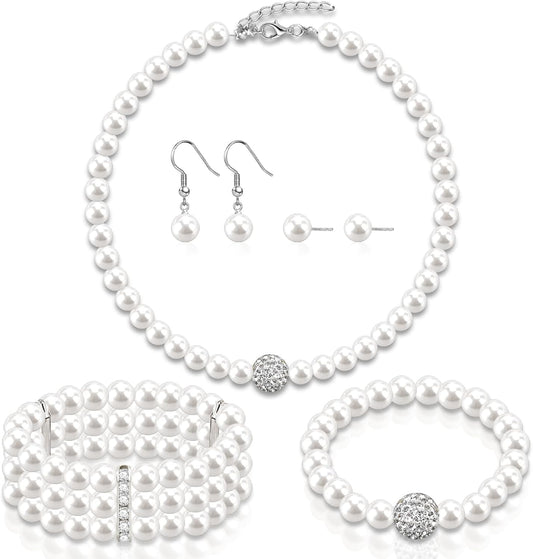 Pearl Jewelry Set for Women Faux Pearl Costume Jewelry Set with Necklace, Bracelets, Ring, Earrings for Wedding Bridal Birthday Tea Party