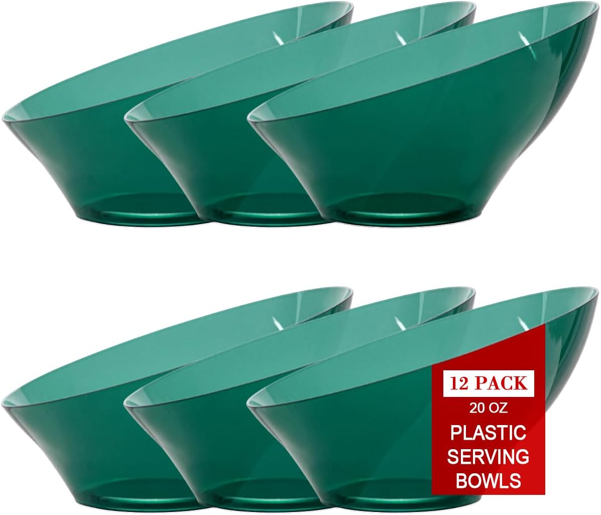 bUCLA 12 Pack Clear Green Plastic Serving Bowls - 20 OZ Christmas Angled Serving Bowls Disposable for Chip, Candy, Salad & Fruit - Ideal for X’mas Party
