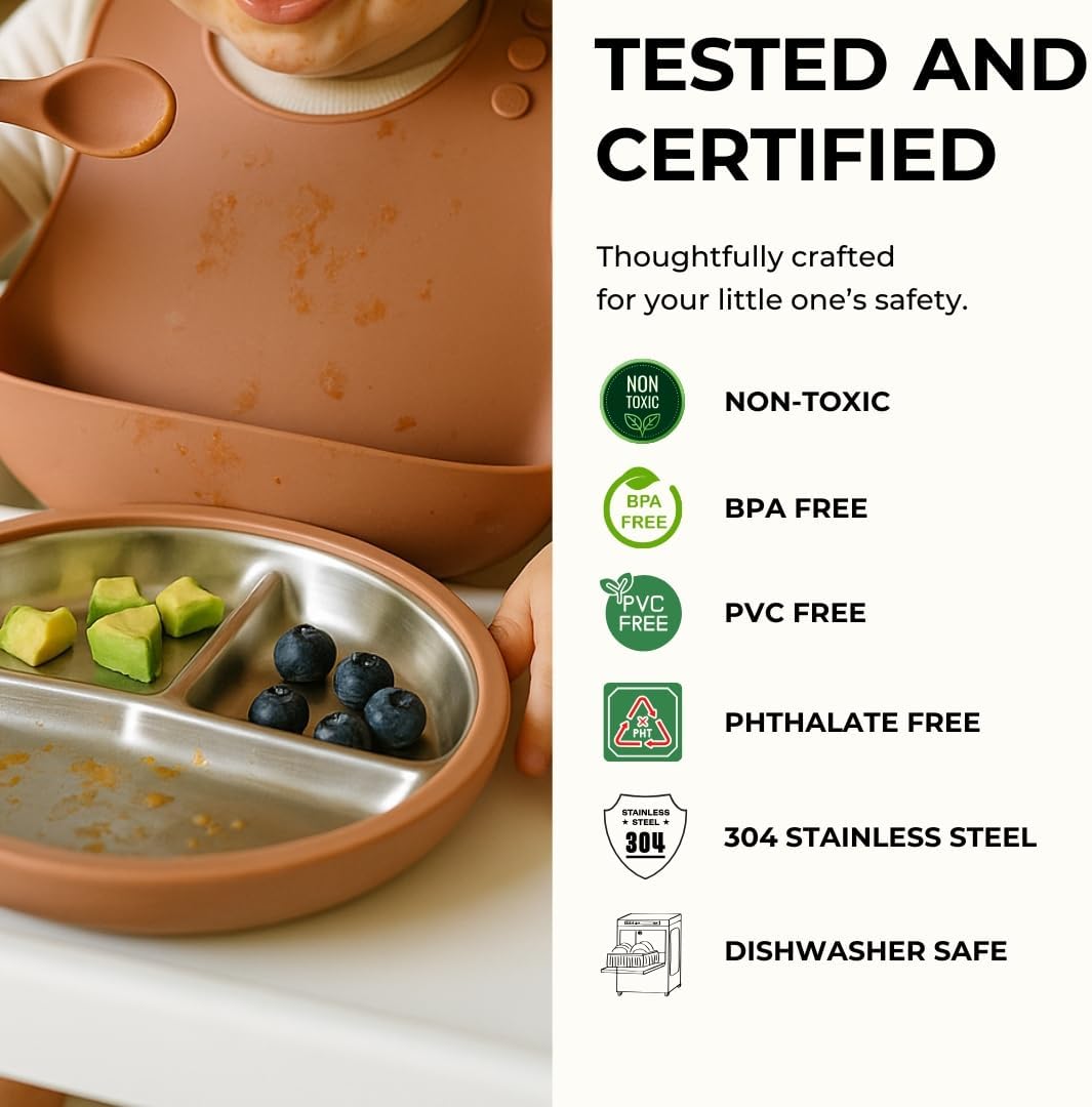 Stainless Steel Toddler Plate with Suction Set of 2, 8” Divided Plates with Removable Silicone Sleeves for Kids, Non Toxic & BPA Free | Non Slip | Unbreakable Baby Dishes, (Mocha Mousse & Sage Green)