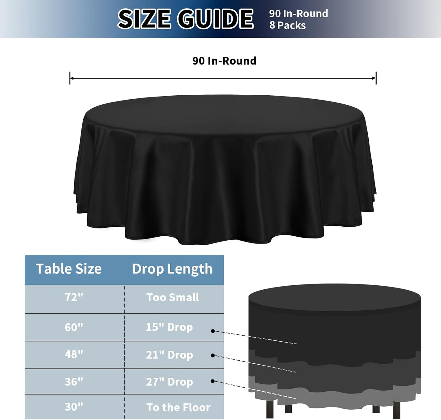 PureFit 8 Pack Round Black Table Cloths 70 Inch for Round Tables, Stain and Wrinkle Resistant Table Linens for Home Use, Wedding, Party, Banquet and Camping