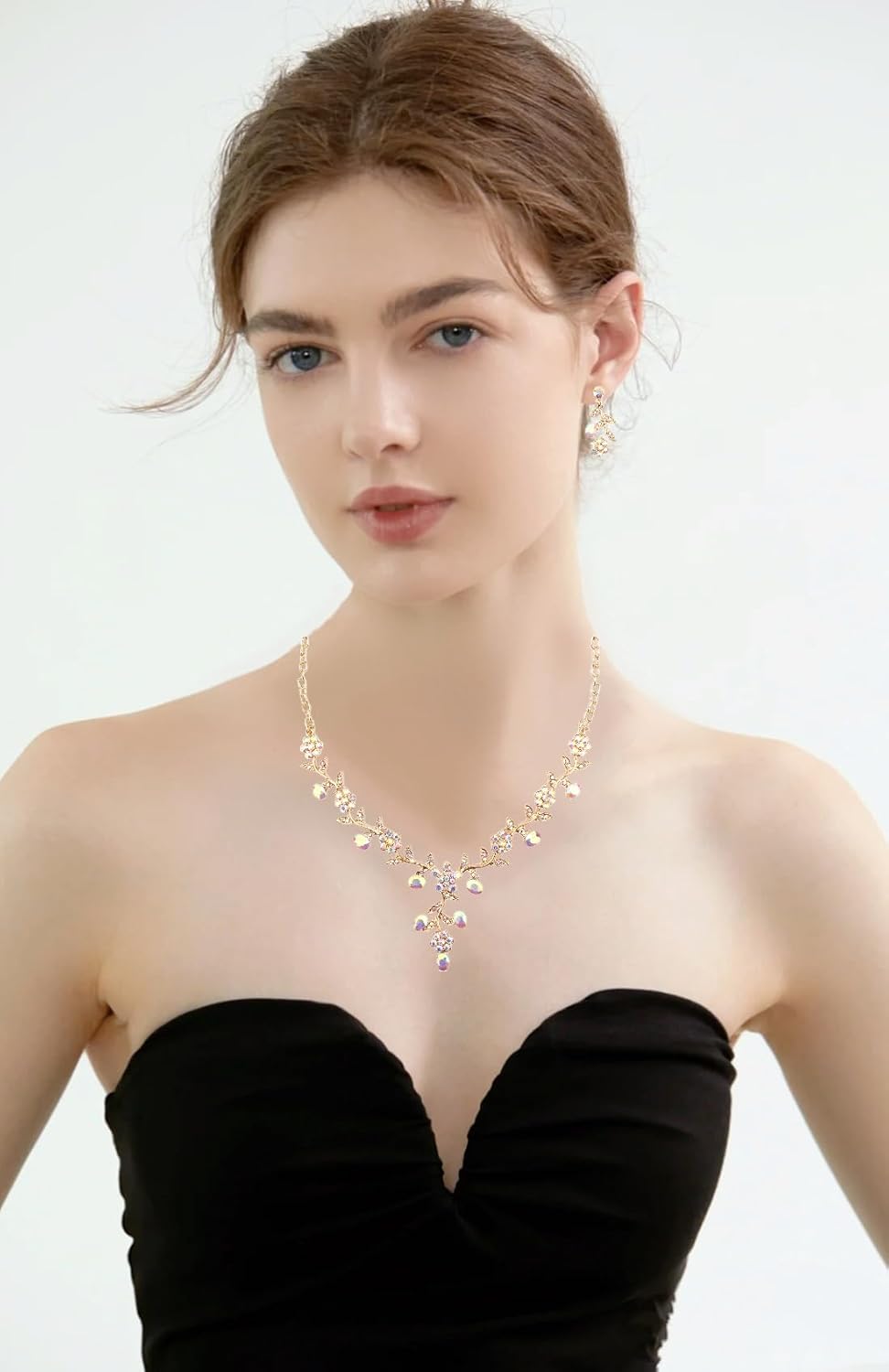 SFE Elegant Austrian Crystal Bridal Bridesmaid Wedding Jewelry Flower Leaf Necklace Dangle Earrings Link Bracelet Jewelry Set for Women