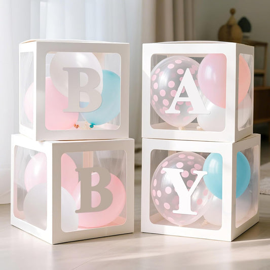 Ledido Baby Boxes with Letters for Baby Shower Decorations with 38 Balloons, 4 pcs Clear Baby Balloon Boxes Blocks for Baby Shower Decor Boy Girl Gender Reveal Decorations Backdrop Party (White)