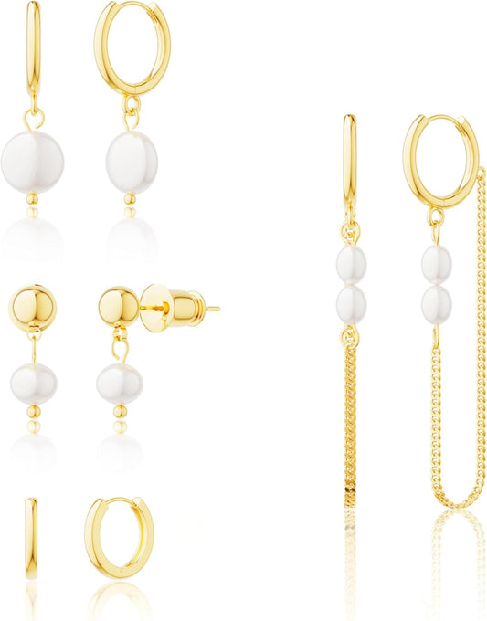 Moodear Gold Earrings for Women No Tarnish - Trendy 14K Gold Plated Pearl Hoop Studs Chain Earrings Stacks for Women Wedding Jewelry Gift