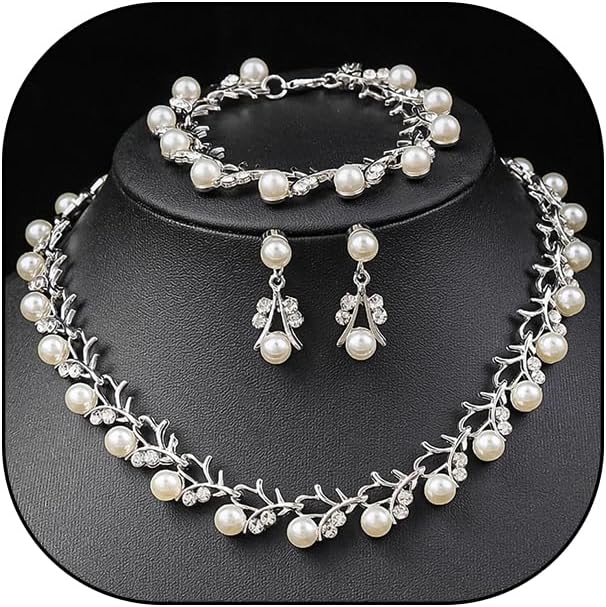 Rrdaily Rhinestone Pearl Wedding Jewelry Set for Bride Bridesmaid Bohemia Adjustable Beaded Crystal Bracelet Necklace Exaggerated Pearl Earring Set for Women