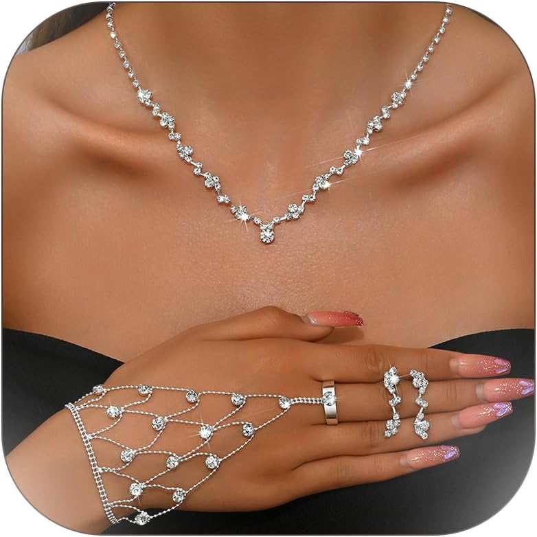 Wedding Jewelry Sets for Brides Rhinestone Necklace and Earring Set Bracelet Ring Gold Silver Prom Jewelry Sets Diamond Flower Teardrop Necklace for Women