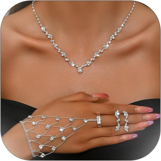 Wedding Jewelry Sets for Brides Rhinestone Necklace and Earring Set Bracelet Ring Gold Silver Prom Jewelry Sets Diamond Flower Teardrop Necklace for Women