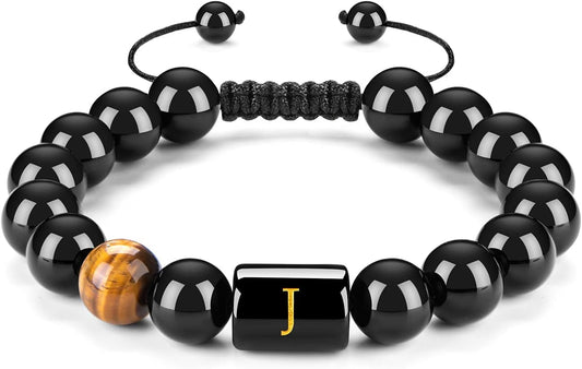 FRG Initials Bracelets for Men Letter Link Handmade Natural Black Onyx Tiger Eye Stone Beads Braided Rope Meaningful Bracelet