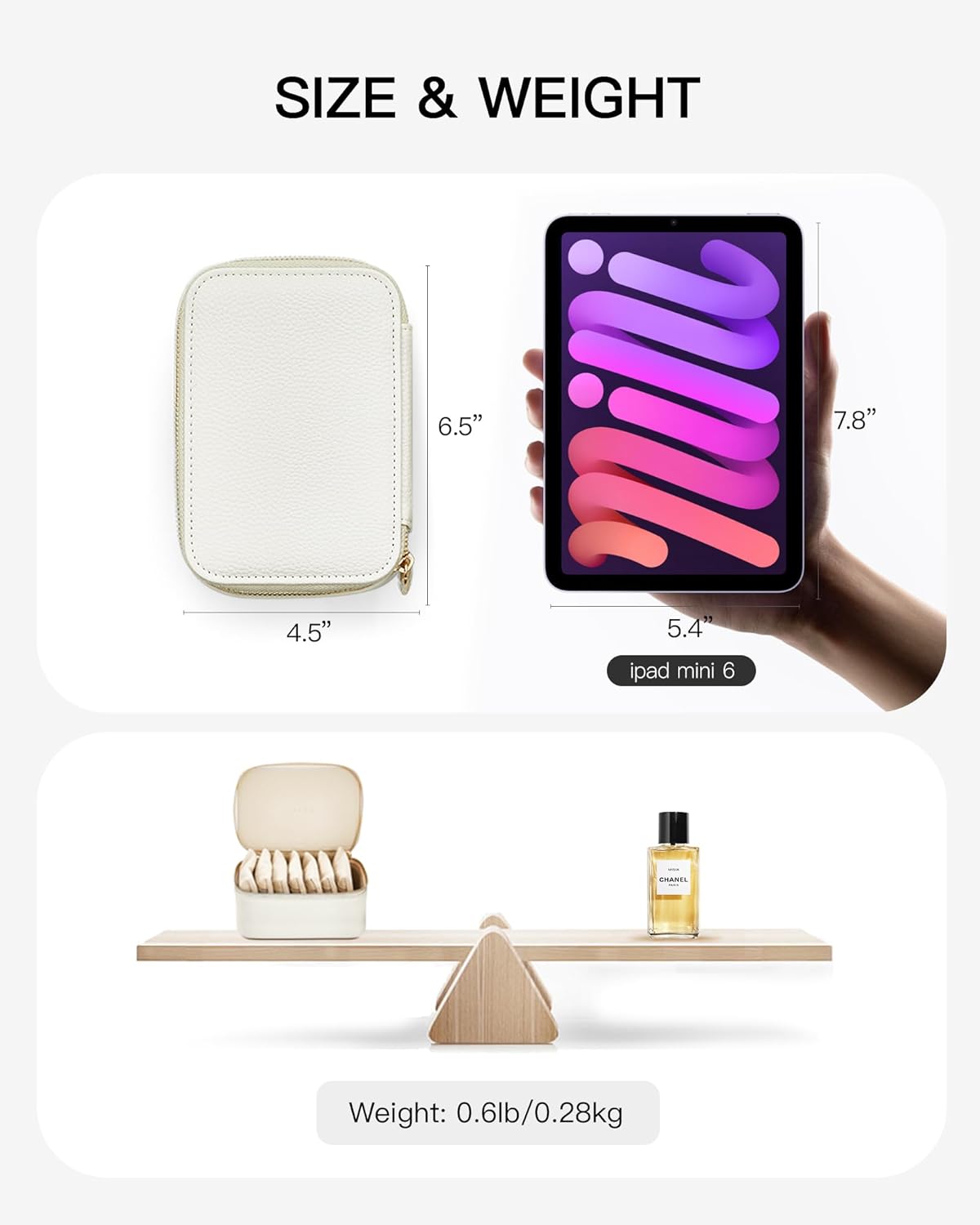 Vlando Travel Jewelry Organizer,PU Leather Jewelry Case Box for Travelers with 8 Pcs Claer Velvet Jewelry Bags Wedding Gifts for Women-White