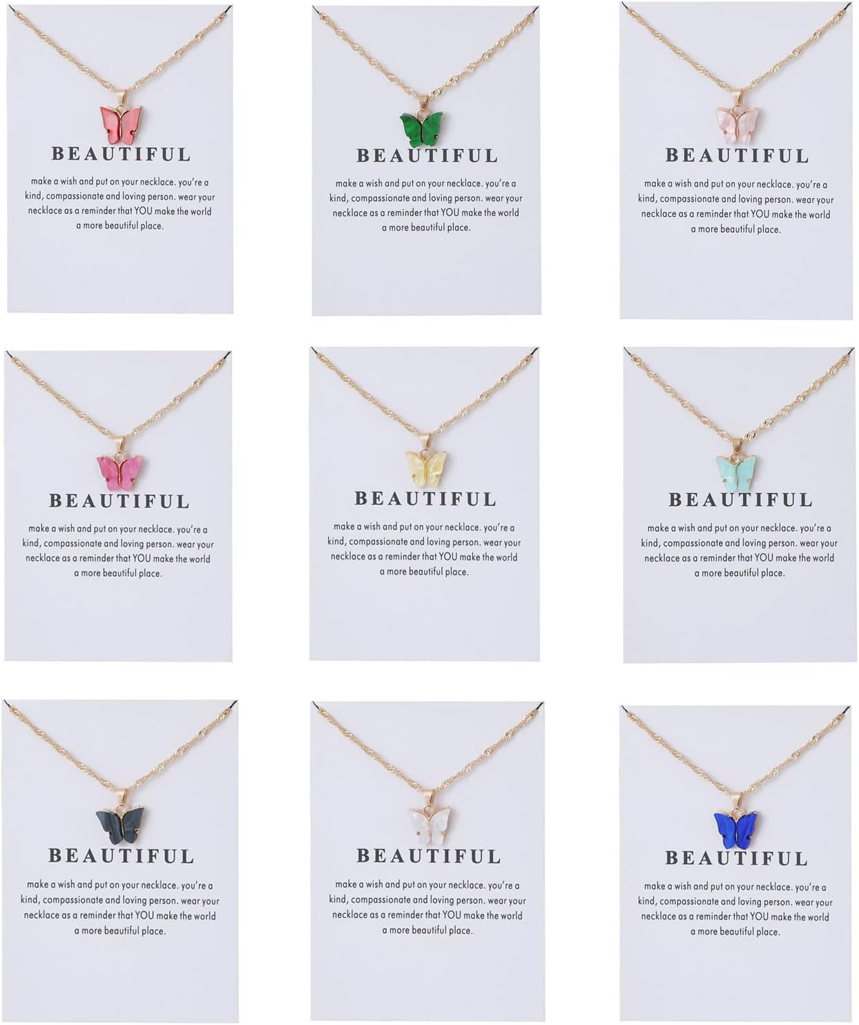 Rrdaily 9 Pcs Dainty Colorful Butterfly Pendant Necklace Set for Women,Bohemian Acrylic Butterfly Chain Necklace Cute Jewelry Gift
