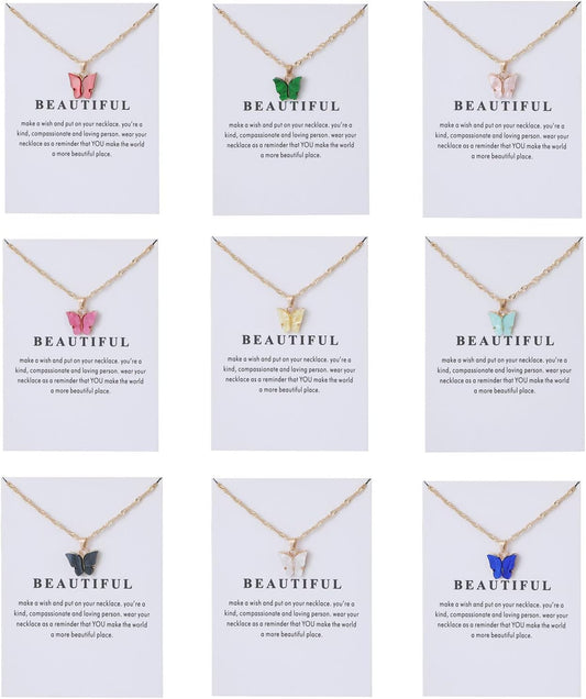 Rrdaily 9 Pcs Dainty Colorful Butterfly Pendant Necklace Set for Women,Bohemian Acrylic Butterfly Chain Necklace Cute Jewelry Gift