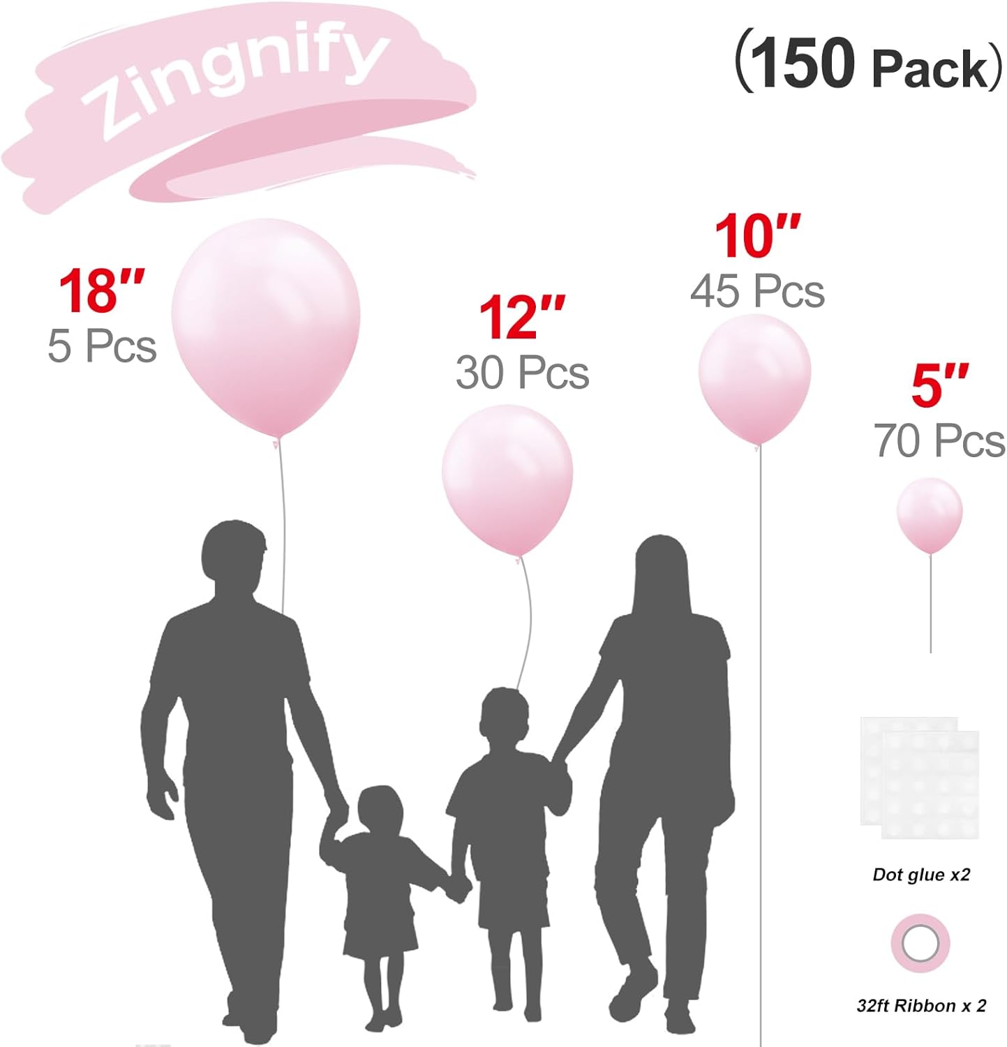 Pastel Pink Balloons, 150 pcs Different Sizes Pack of 18 Inch 12 Inch 10 Inch 5 Inch Baby Pink Balloons for Balloon Garland Balloon Arch as Birthday Party Decorations
