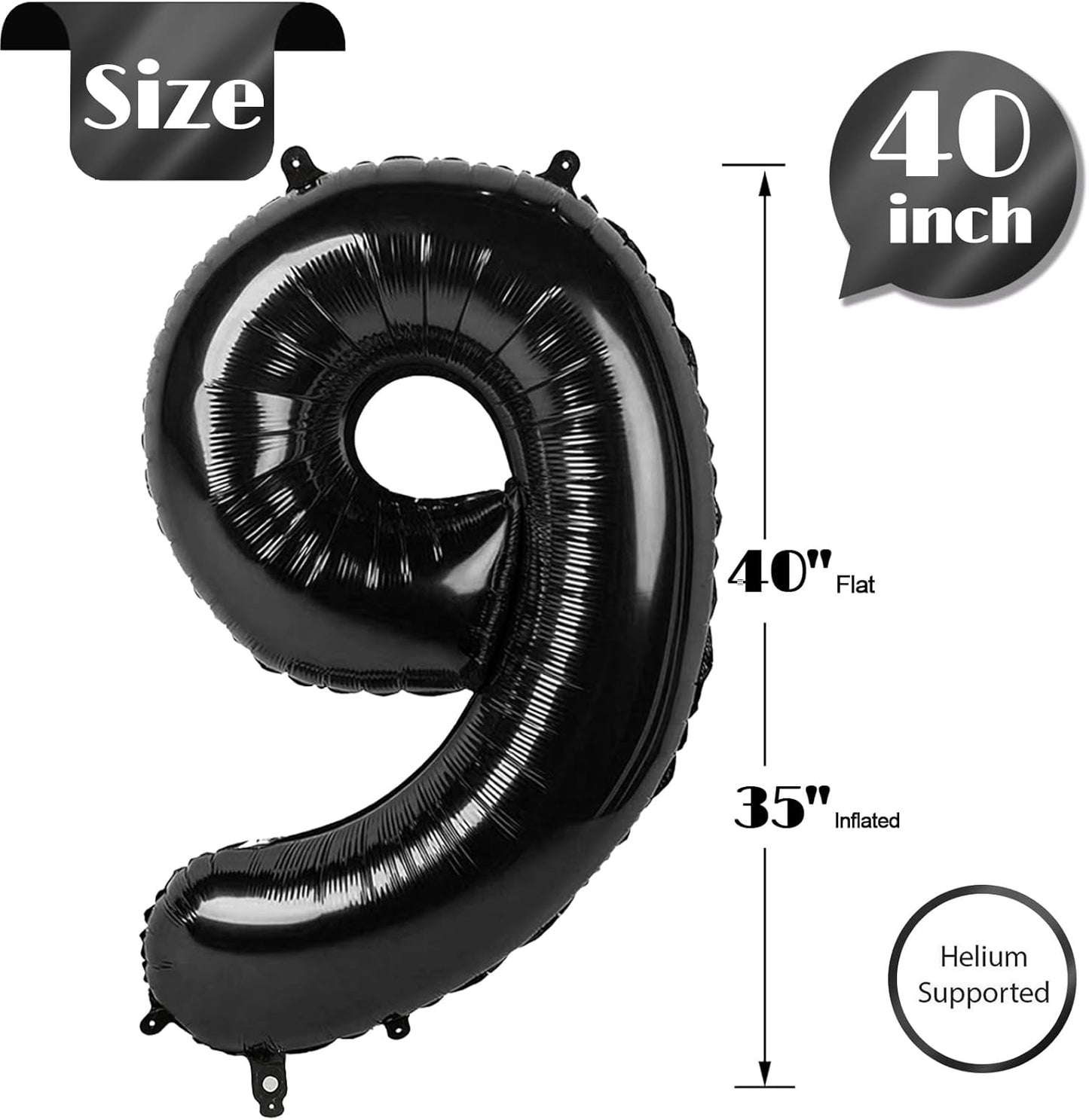 9 Balloon, Black Number Balloon 40 Inch, Black Party Decorations, Giant Birthday Decorations for 9th 19th 29th 90th, Number 9 Balloon