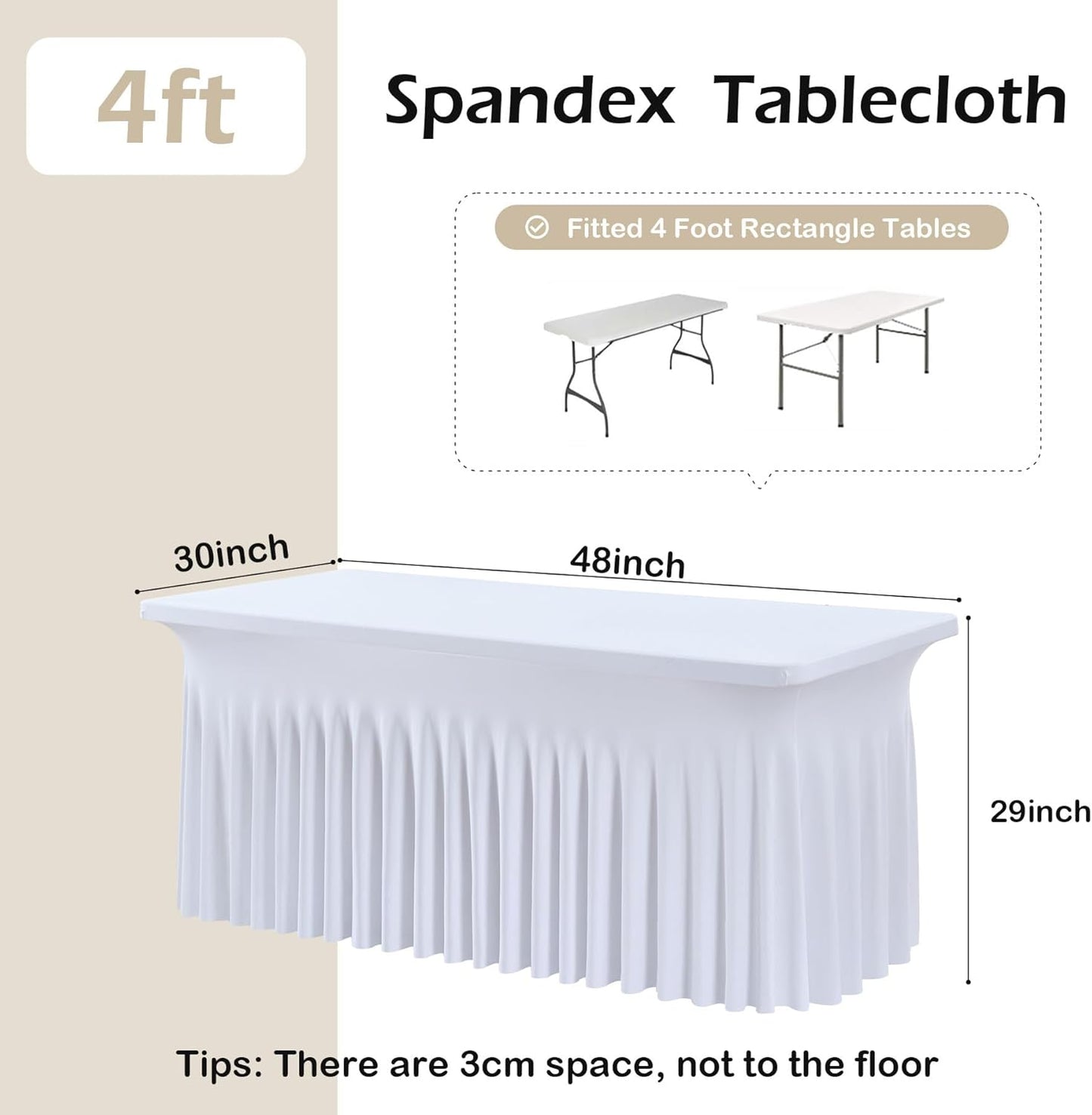2 pk White Spandex Tablecloth 4ft with Ruffle Table Skirt, Wrinkle Free High Stretch Fitted Tablecloths for 6 Foot Rectangle Tables, Elastic Spandex Table Covers 6ft for Parties Weddings Banquet