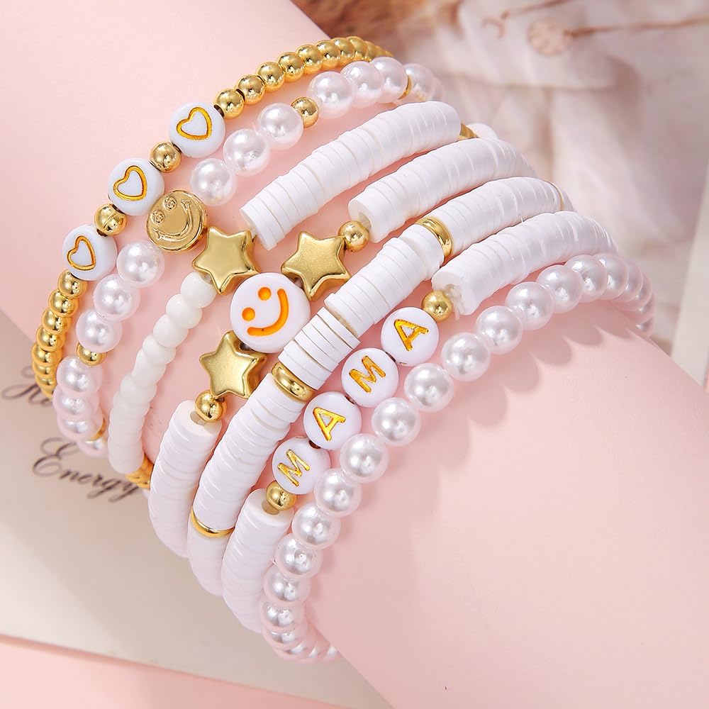 Friendship Bracelets for Women - Heishi Surfer Colorful Smile Evil Eye Clay Beaded Stretch Bracelets Elastic Layering - Stackable Boho Disc Y2K Aesthetic Summer Jewelry Set.