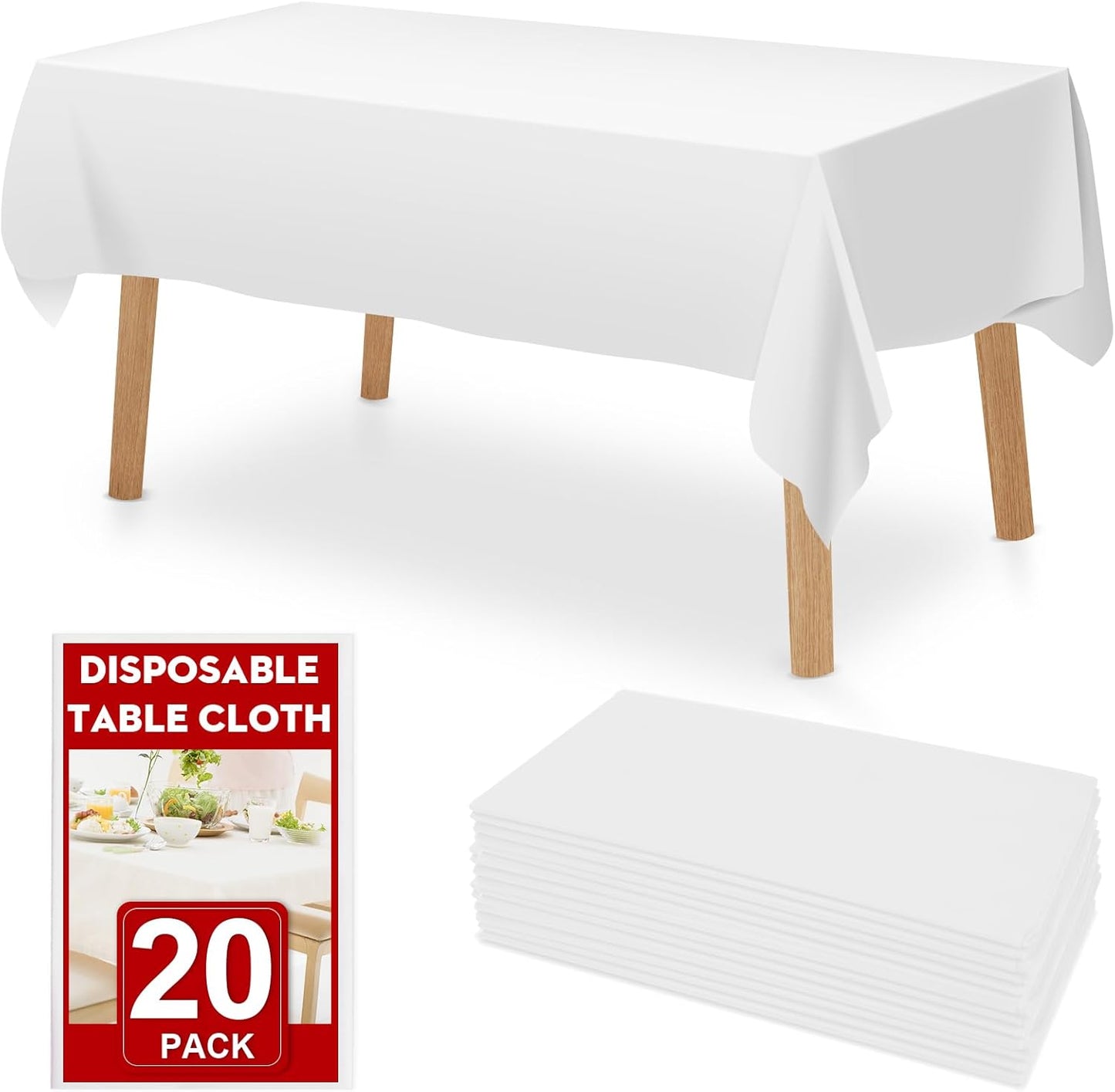 20 Pack White Plastic Table Cloths Disposable, 54 x 108 Inches Plastic Table Cover for Rectangle Tables, Disposable Tablecloth for Dinning, Parties, BBQ, Wedding, Outdoor