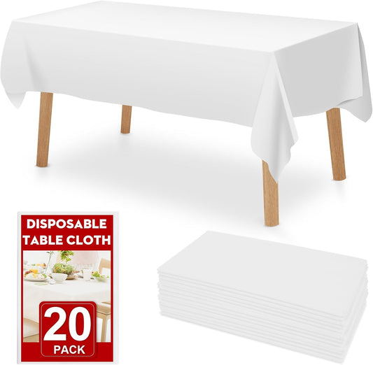 20 Pack White Plastic Table Cloths Disposable, 54 x 108 Inches Plastic Table Cover for Rectangle Tables, Disposable Tablecloth for Dinning, Parties, BBQ, Wedding, Outdoor