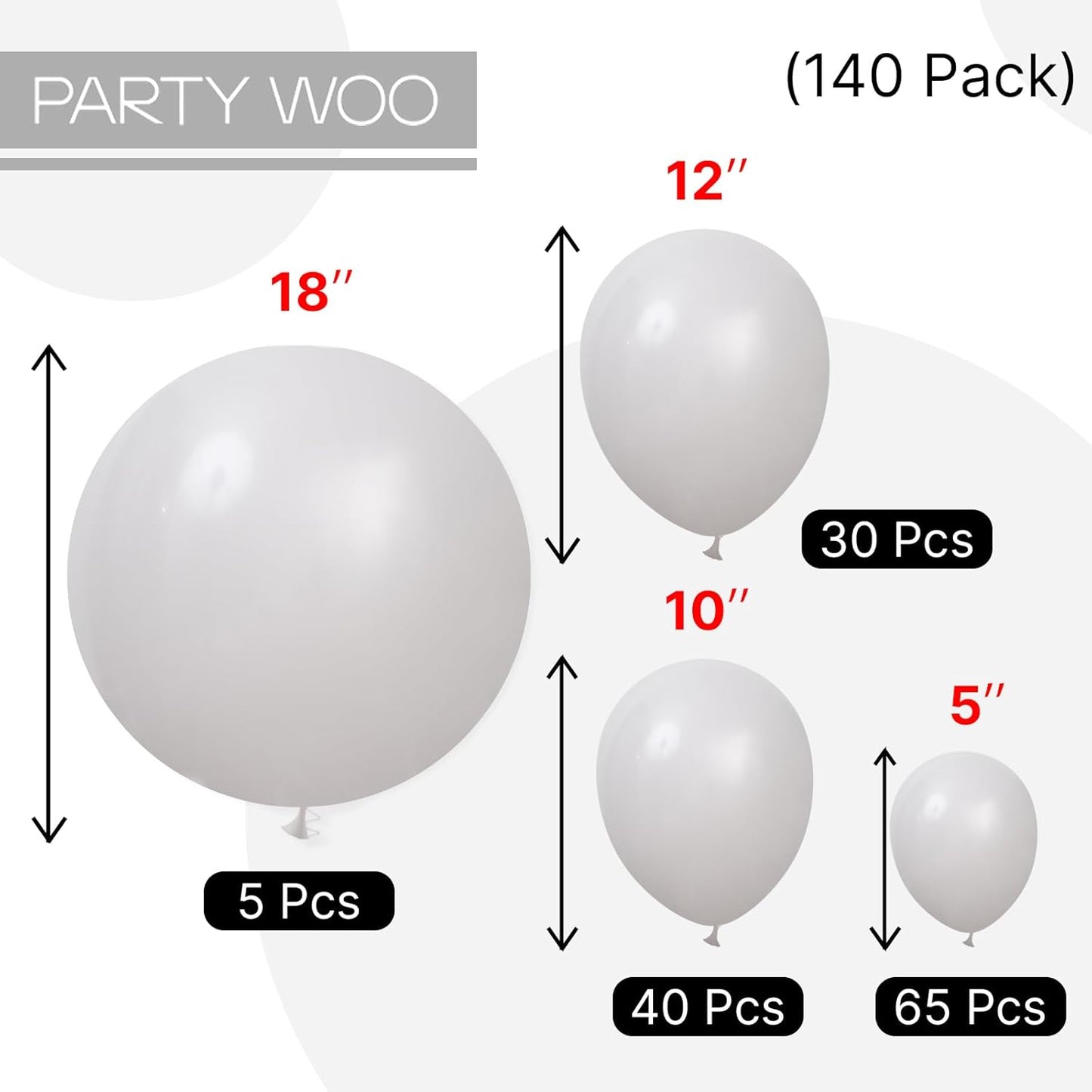 PartyWoo Grey Balloons 140pcs Different Sizes Pack of 18 12 10 5 Inch Light Pastel Pale Gray Latex Balloon Arch Kit Garland for Baby Shower Graduation Wedding Birthday Party Decorations Gray-Y76