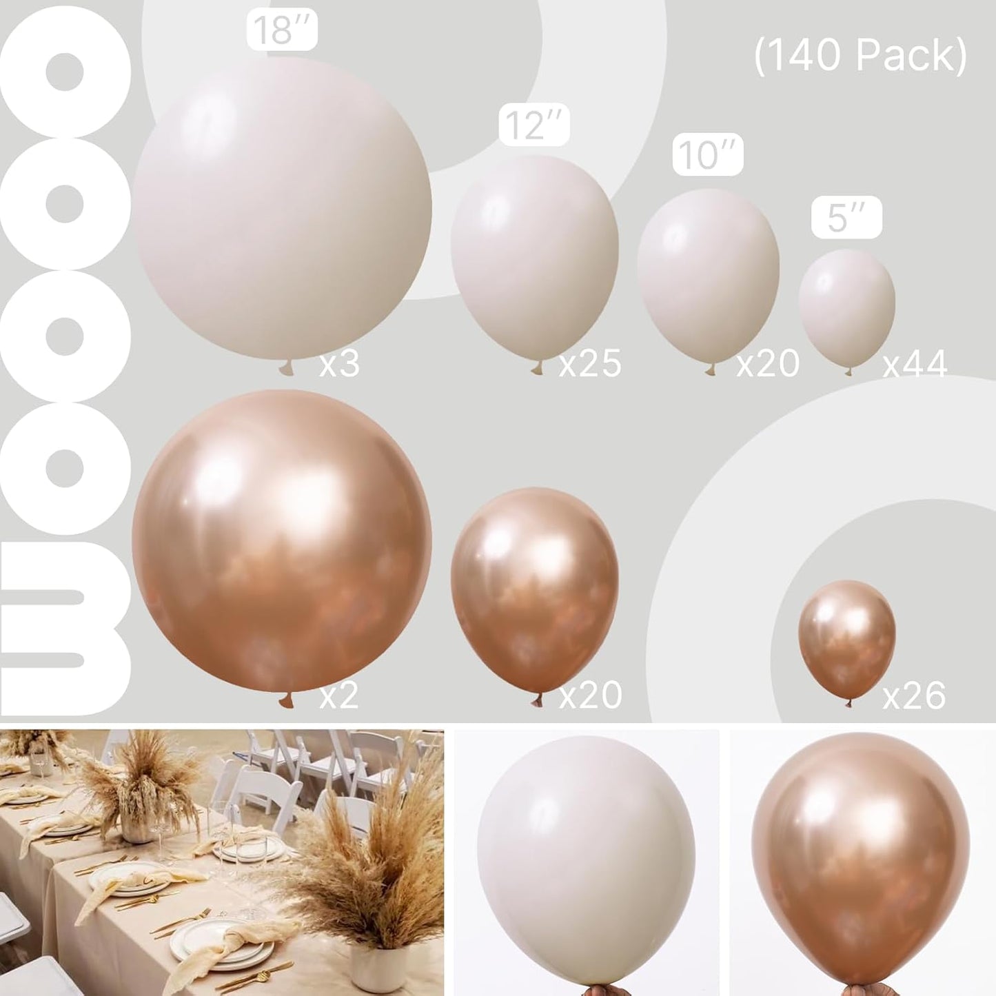 PartyWoo Retro White Balloons, 140 pcs Champagne Gold and White Sand Balloons Different Sizes Pack of 18 Inch 12 Inch 10 Inch 5 Inch for Balloon Garland Arch as Birthday Decorations, Party Decorations