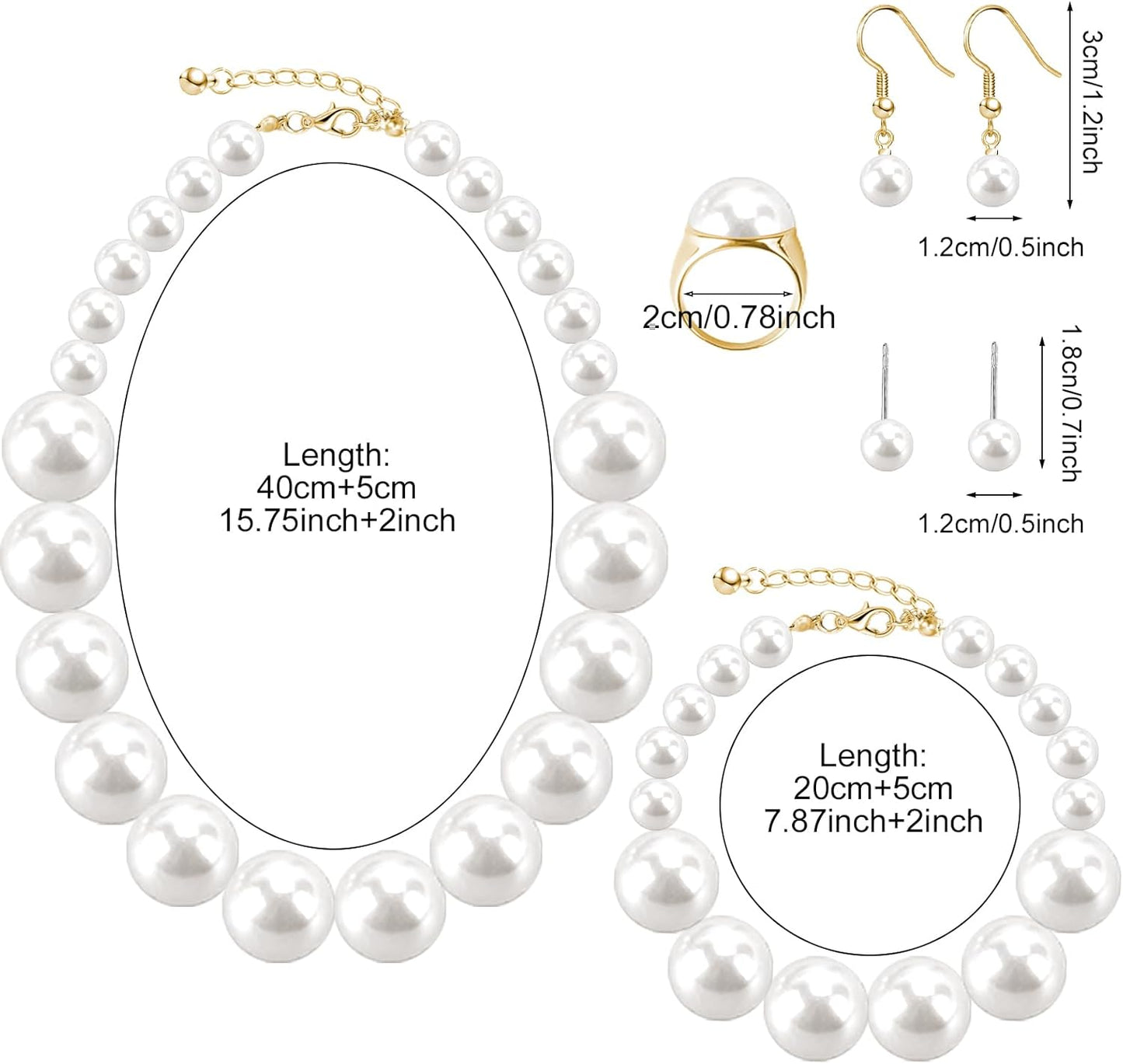 Pearl Jewelry Set for Women Faux Pearl Costume Jewelry Set with Necklace, Bracelets, Ring, Earrings for Wedding Bridal Birthday Tea Party