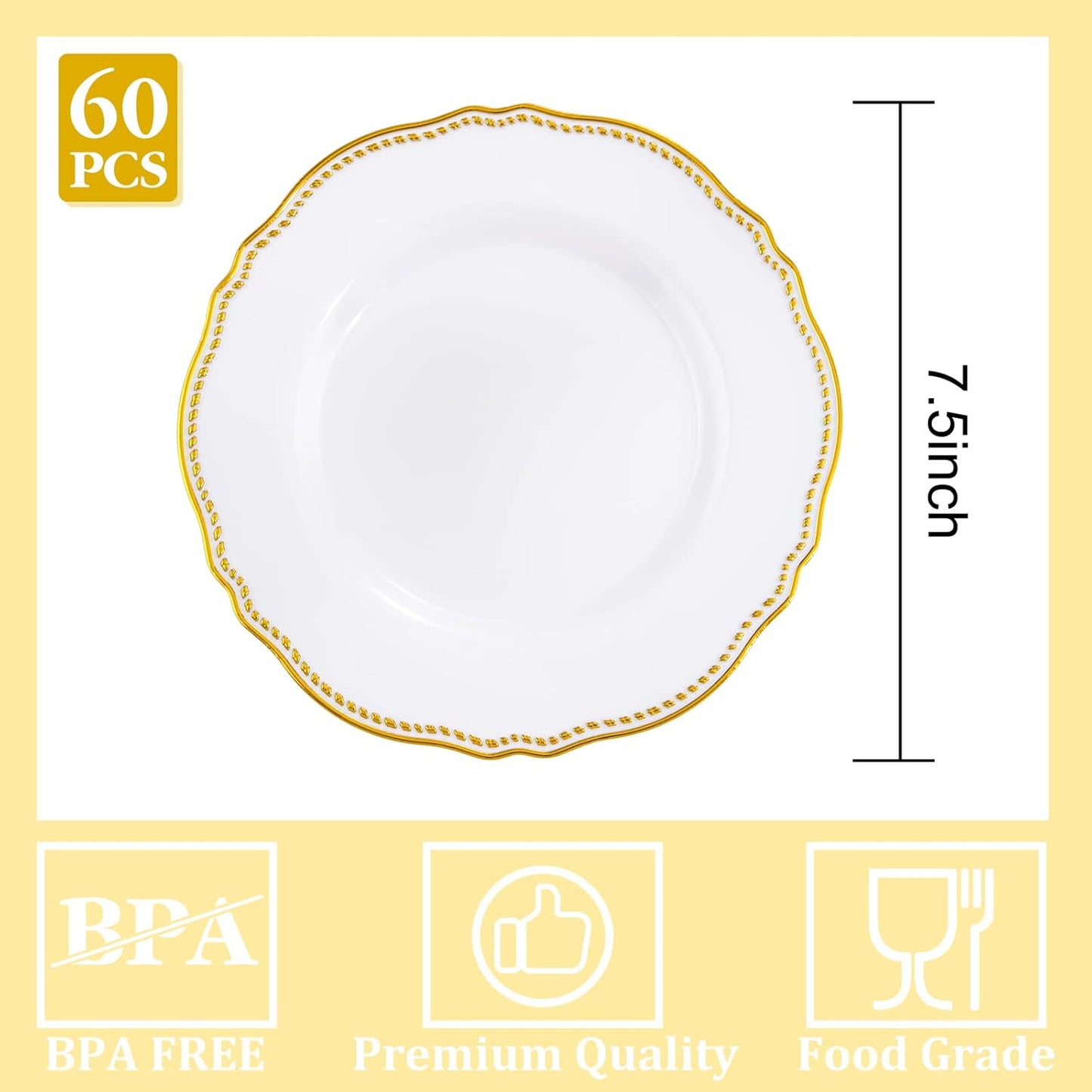 Hioasis 60pcs Gold Plastic Plates - White and Gold Disposable Dinnerware with Gold Rim, Heavy-duty, 7.5 inch, Dessert Plates for Party & Thanksgiving