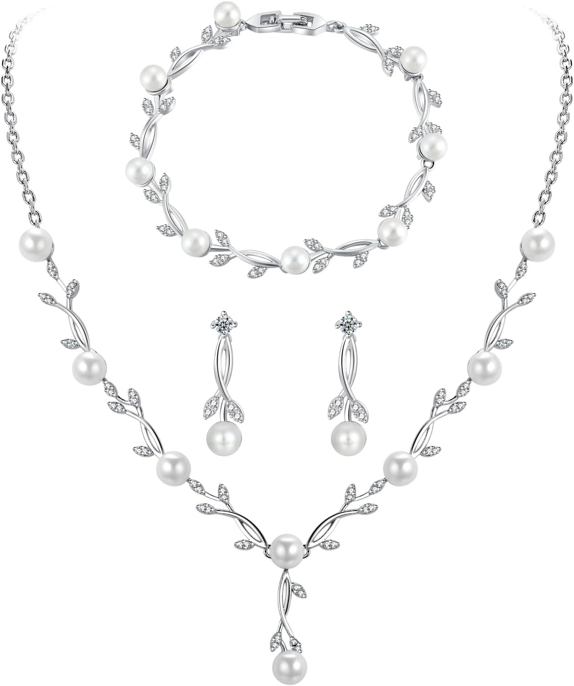 Hadskiss Jewelry Set for Women, Necklace Dangle Earrings Bracelet Set with White AAA Cubic Zirconia, Allergy Free Wedding Party Jewelry for Bridal Bridesmaid