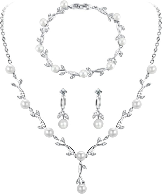 Hadskiss Jewelry Set for Women, Necklace Dangle Earrings Bracelet Set with White AAA Cubic Zirconia, Allergy Free Wedding Party Jewelry for Bridal Bridesmaid