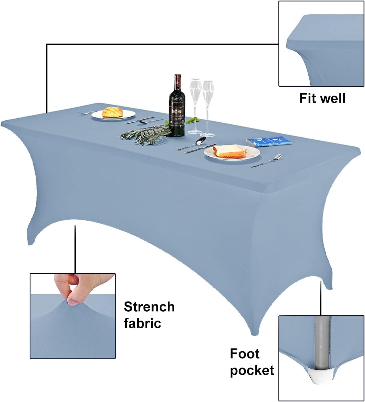 FORLIFE Spandex Table Cover - Fitted 6ft Rectangular Tablecloth, Stretch Patio Table Cover for Wedding, Banquet, Party - Dusty Blue