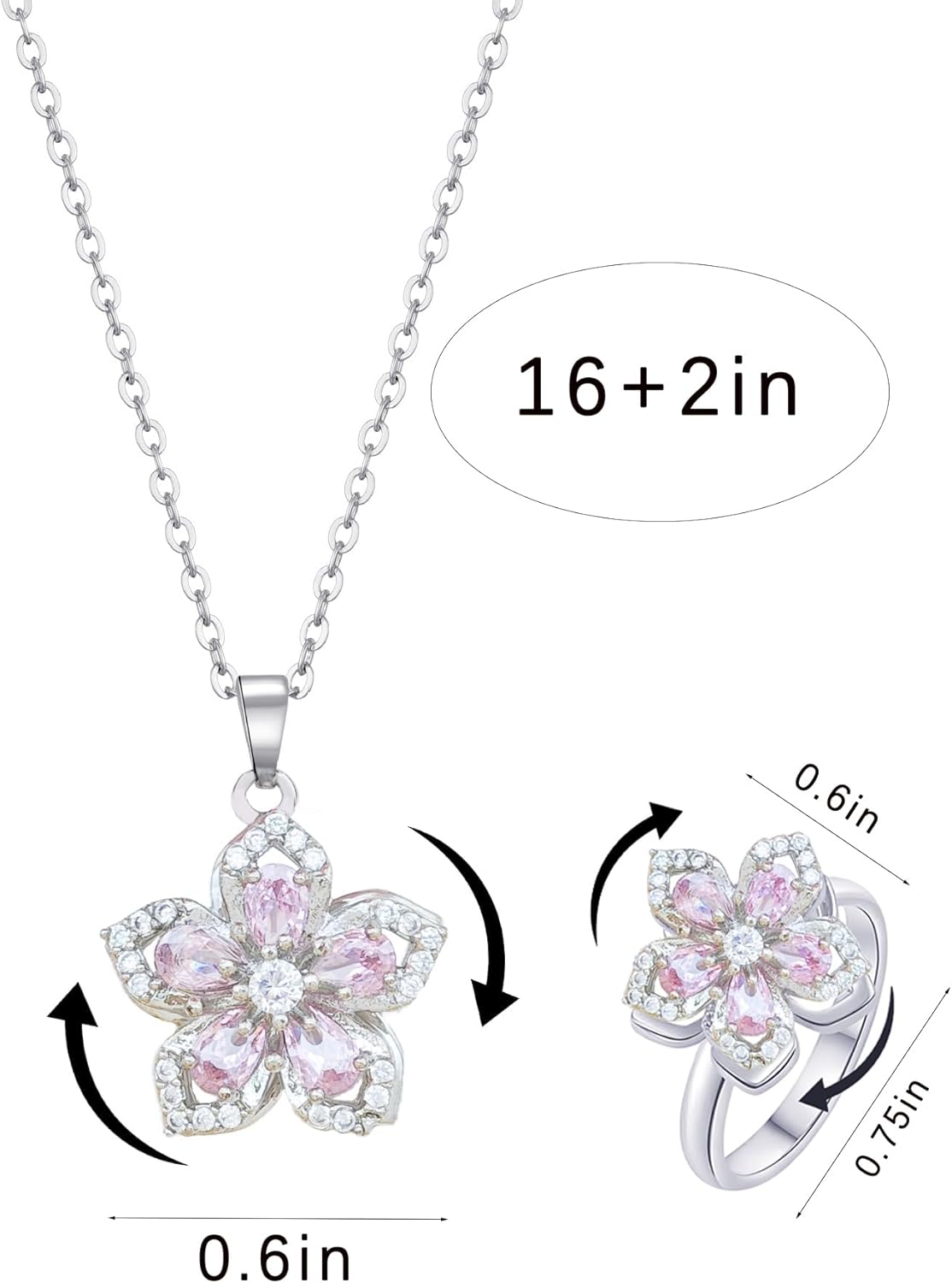 Necklace for Women Gold Flower Fidget Necklace Rotatable Crystal Silver Blossom Pendant Necklaces Adjustable Spinning Fidget Necklaces Redbud Flower Choker Funny Gift Jewelry